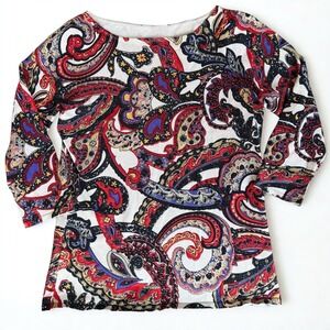 Silk Blend Paisley Print Top Red Purple‎ Boho Long Sleeve Size Small